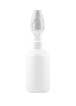 Snap-on-Flasche PE 30 ml weiß mit nasaler Pumpe und mit kindergesicherter Schutzkappe (0,07 ml, Snap-On 20 mm)