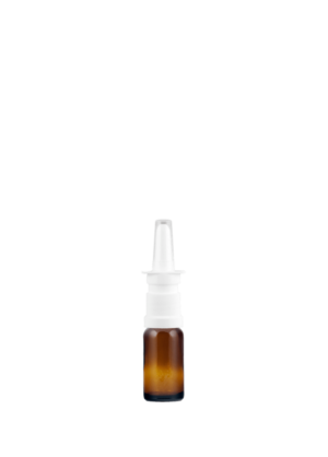 Tropfflasche 10 ml braun mit nasaler Pumpe weiß mit Schutzkappe (0,14 ml, GL18)