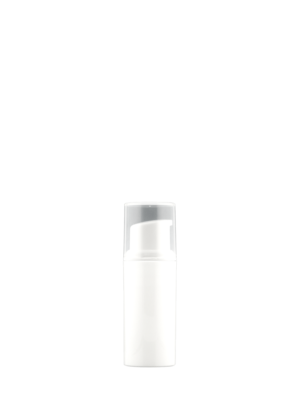 Airless-Flasche 5 ml weiß mit Pumpe 0,2 ml (Schleppkolbensystem) und montierter Schutzkappe